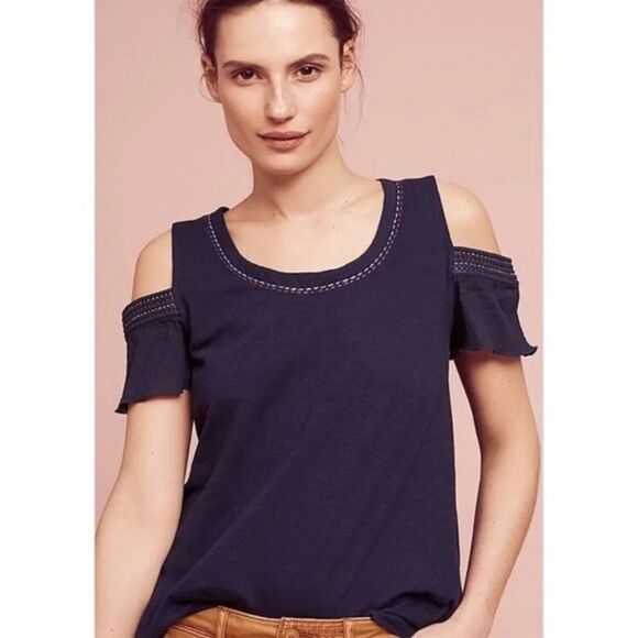 Akemi + Kin Anthropologie Blouse Womans Size M Navy Blue Cotton - Picture 6 of 12